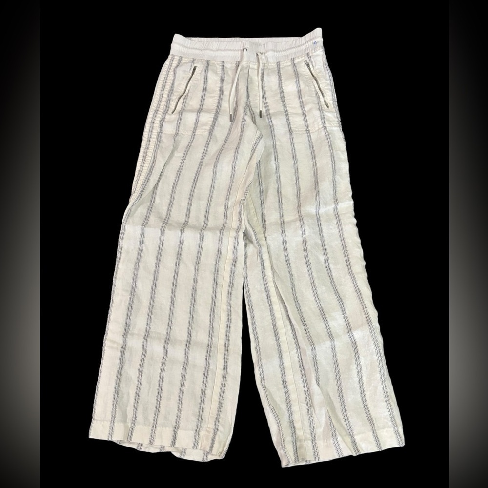 Athleta Stripe Bali 100% Linen Pants Women's Blue White Pinstripes wide … - Picture 3 of 12